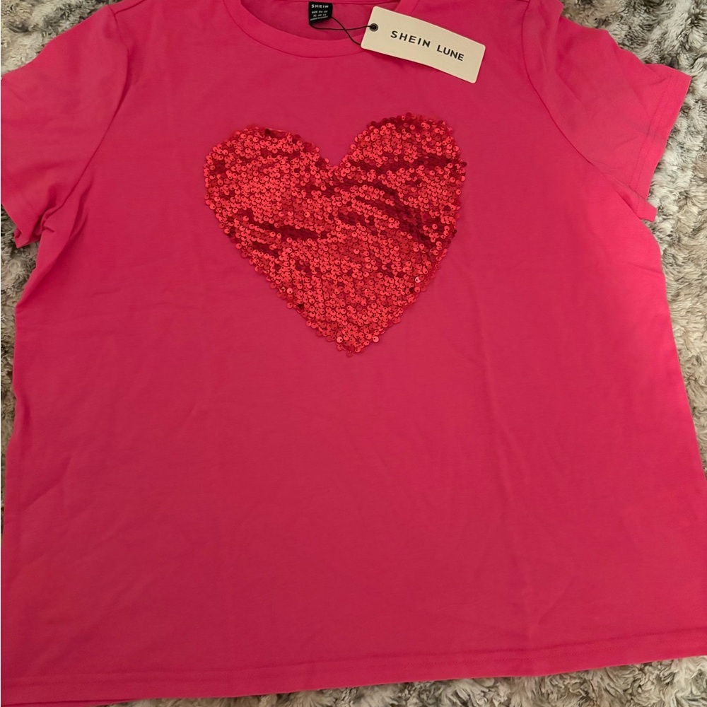 SHEIN Pink Tee with Red Sequin Heart